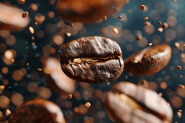Coffee beans falling in the air close up