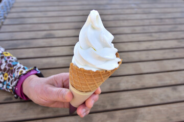 アイスクリームを手に持つ