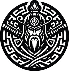 chinese warior in silhouete with celtic knot pattern illustration