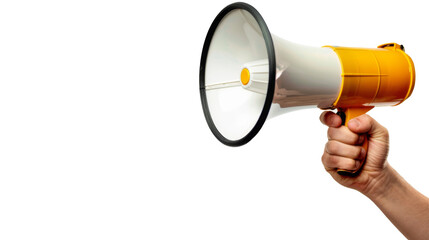 Naklejka premium Hand holding a megaphone on white background