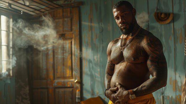 Heavily pregnant transgender man with tattoos.