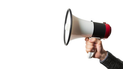 Hand holding a megaphone on white background