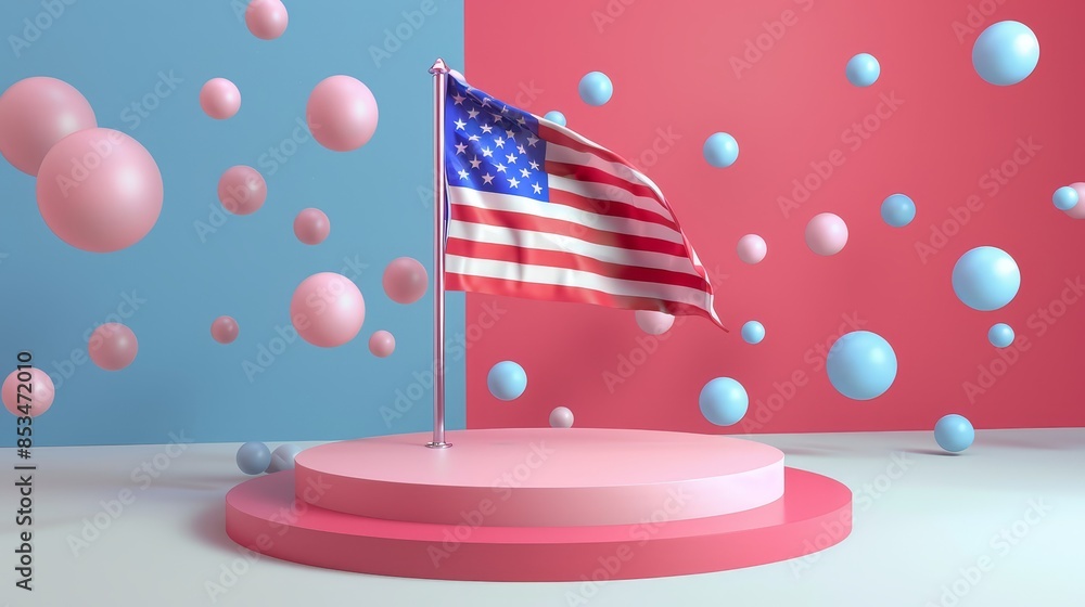 Poster american flag on a pink platform with floating spheres - an american flag waves proudly on a pink pl
