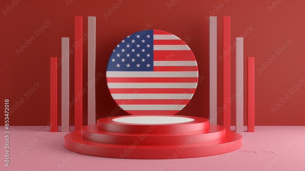 Poster american flag on a red circular platform - a 3d of an american flag on a red circular platform surro