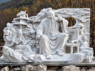 Fototapeta premium Marble Sculpture of Chinese Deity - A white marble sculpture depicts a Chinese deity sitting on a throne, surrounded by other figures and intricate designs.