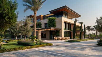 Fototapeta premium Modern Villa with Sheep and Lush Greenery - A modern, luxurious villa with a stone facade, wooden accents, and lush greenery surrounding it. A line of sheep stand in the driveway.