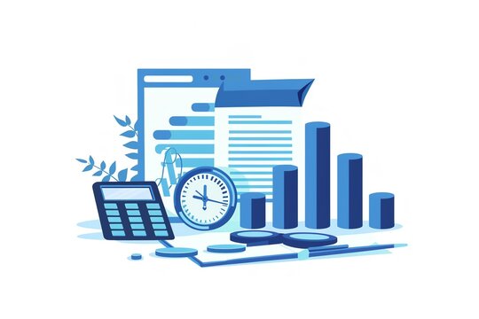Business analysis concept with calculator, clock, graph, and documents. Ideal for financial, accounting, and strategy visuals.