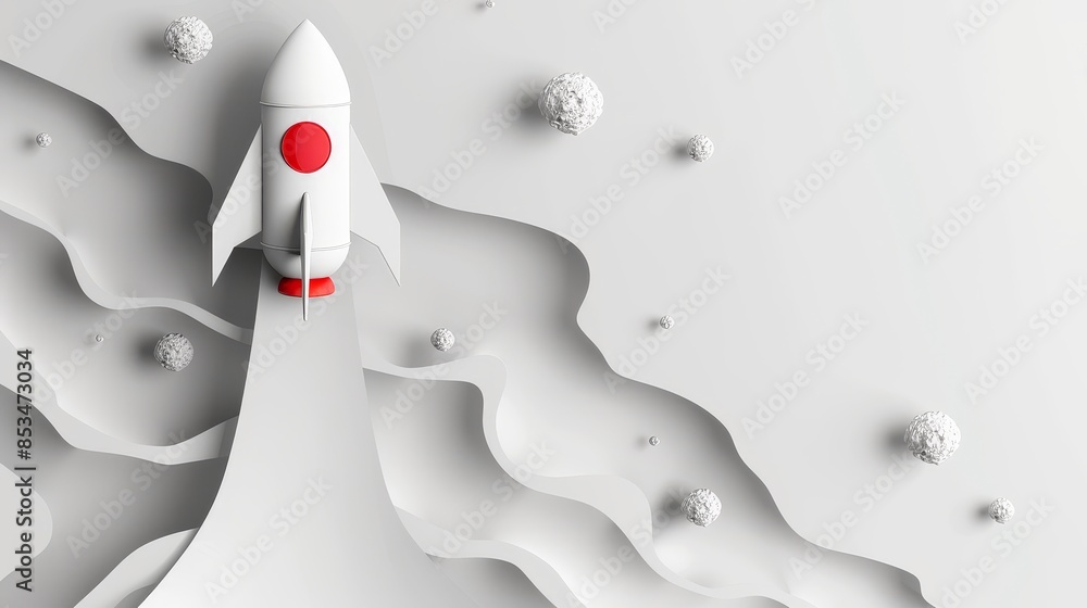 Poster white rocket ship launching into white space - a 3d of a white rocket ship launching into a white sp