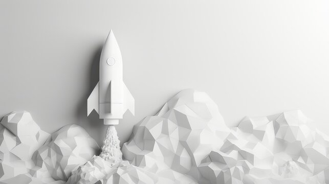 White Rocket Taking Off From a Geometric Landscape - A white rocket blasts off from a white geometric landscape against a white background.