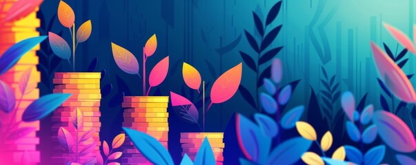 Blossoming Finances - Creative Illustration of Financial Growth with Vibrant Plants Growing from Stacks of Coins