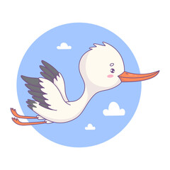 Cute flying white stork. Funny cartoon kawaii bird character. Vector illustration. Kids collection