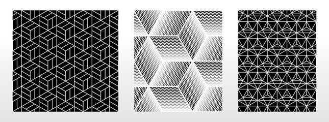 Geometric set of seamless black and white patterns. Simple vector graphics.