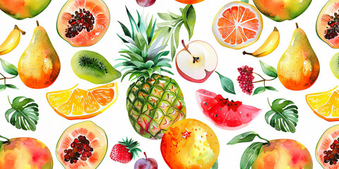 Tropical fruits pattern. Watercolor summer illustration.Abstract background. Food banner