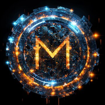 Detailed monero symbol icon with futuristic patterns and glowing edges