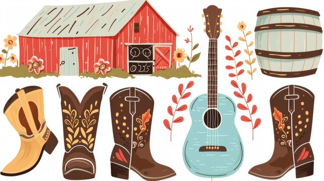 Vintage Country Music Clipart Collection with Cowboy Boots, Guitars, Barns, and Western Flair