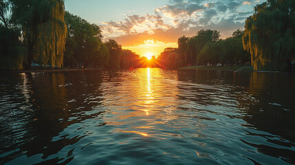 Sunset Over Serene Lake with Tree Reflections and Dramatic Sky