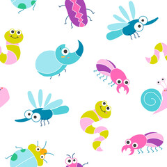 Cute insects cartoon characters. Seamless pattern. Funny small animals. Vector drawing. Design ornaments.