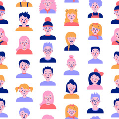 Kids different user profile. Seamless pattern. Pretty girl and boy. Young people. Vector drawing. Design ornaments.