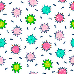 Bacteria, virus, germ, microbe and pathogen. Seamless pattern. Medical healthcare. Hand drawn style. Vector drawing. Design ornaments.