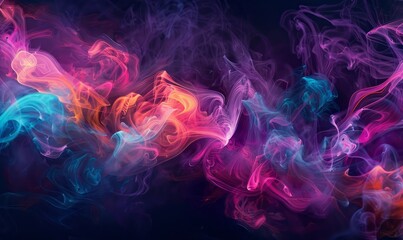 Abstract shapes with neon colors on a black background, creating a dark and mysterious mood, with smoke swirls and glowing highlights in dark purple, pink, red, and turquoise colors