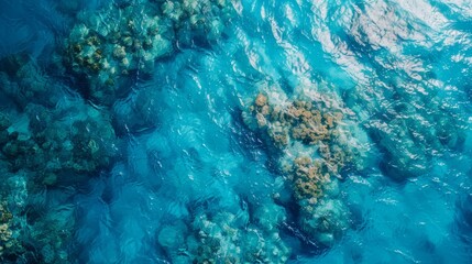 Obraz premium Overhead view of a tropical blue barrier reef, pristine and vibrant waters, diverse coral ecosystems, breathtaking marine vista