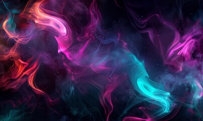 Abstract shapes with neon colors on a black background, creating a dark and mysterious mood, with smoke swirls and glowing highlights in dark purple, pink, red, and turquoise colors
