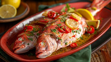 Perfectly arranged red snapper on a red plate, garnished and ready to serve, professional lighting for an inviting presentation