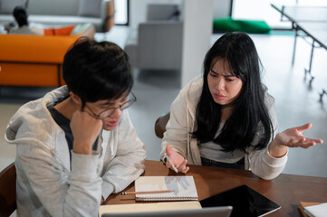 Two frustrated students are having a problem with their project and arguing while working together.