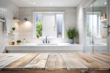 Wooden Tabletop in Bathroom Interior.