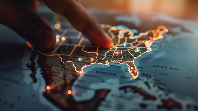 United States map illuminated with glowing dots and outlined light, showcasing the country's diverse economic landscape