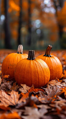 Autumn Harvest Scene Featuring Three Pumpkins Among Vibrant Fall Leaves in Forest Setting for Seasonal Decor and Greeting Cards