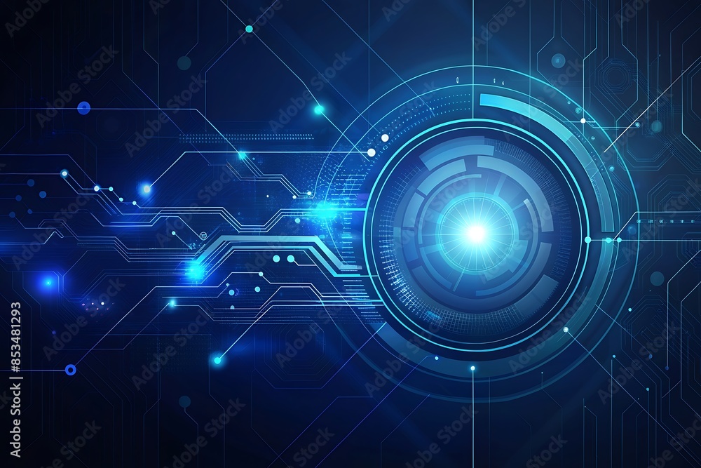 Poster abstract technology background with glowing circuitry and a central eye