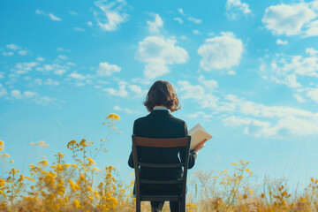 woman in the field with flowers and blue sky, Generative AI
