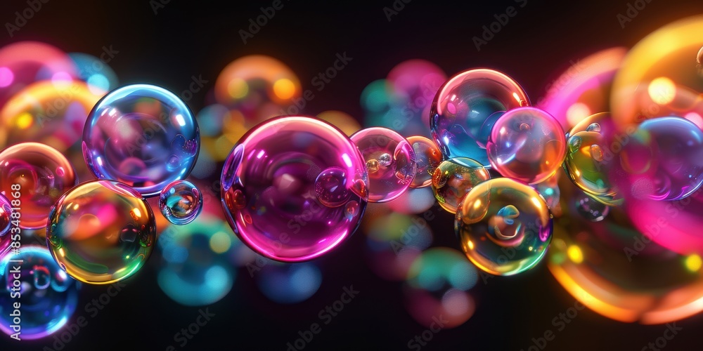 Poster a collection of colorful soap bubbles floating against a dark background, creating a vibrant and pla