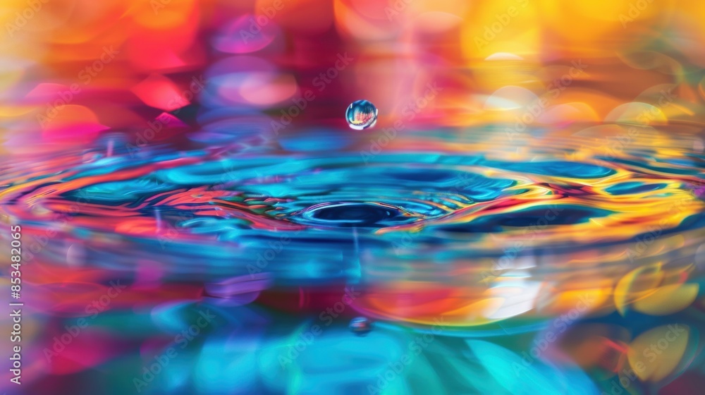 Poster vibrant water droplet creating ripples on a colorful surface, with a soft bokeh background enhancing