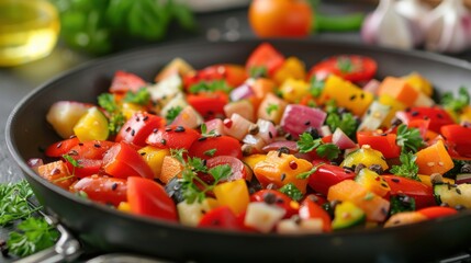 Close-up of a colorful vegetable stir-fry sizzling in a pan, highlighting fresh ingredients and healthy cooking.