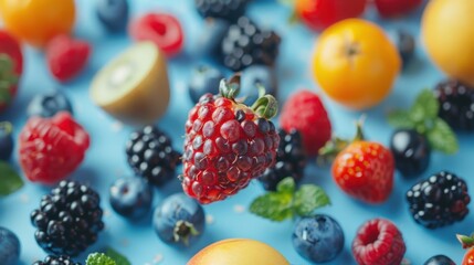 Assorted fresh berries and fruits scattered on a blue background, showcasing vibrant colors and healthy eating.