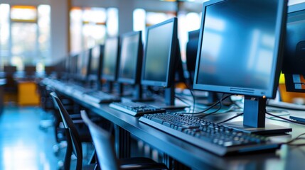 Modern computer lab with a row of monitors and keyboards, ideal for educational and technological environments.