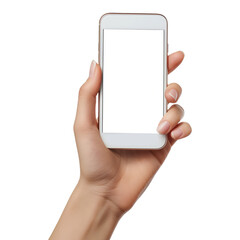 Hand holding smart phone with blank screen.
Hand holding smart phone isolated on white background.
Hand holding smart phone on transparent background.