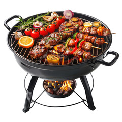 A round outdoor barbecue grill filled with assorted skewers, vegetables, and garnishes transparent background, PNG