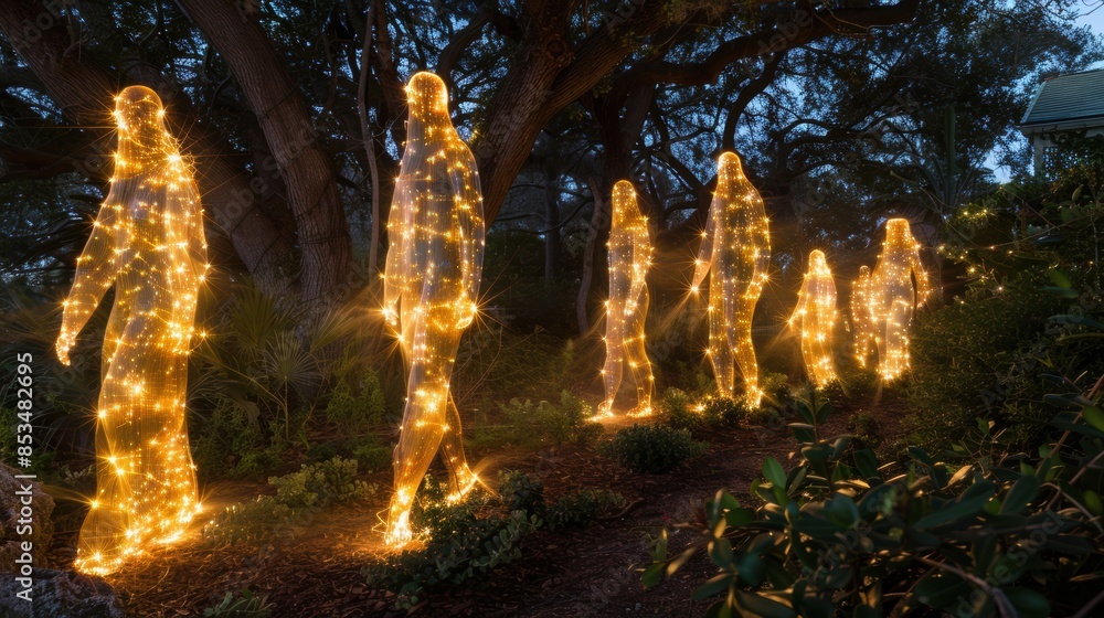 Aufkleber artistic installation of glowing wireframe figures walking through a garden at twilight, creating a 