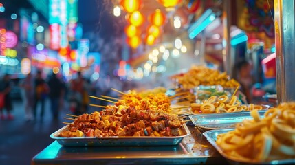 Street food stall serving hot grilled delicacies, vibrant neon lights, food placed on display, blurred night market ambiance