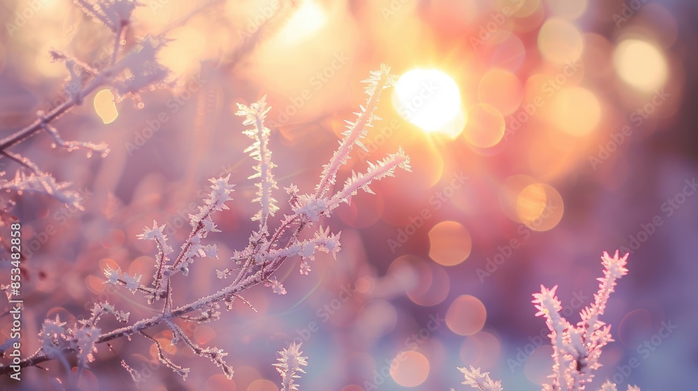 Poster frost-covered branches glow in the soft sunrise light, with a bokeh background creating a magical wi