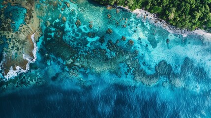 Stunning aerial image of a tropical blue barrier reef, crystal-clear ocean, intricate coral patterns, serene marine landscape