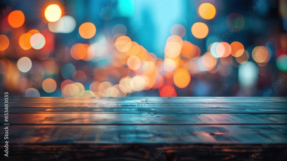 Aufkleber an empty wooden table set against a backdrop of vibrant city bokeh lights, creating a warm and invit