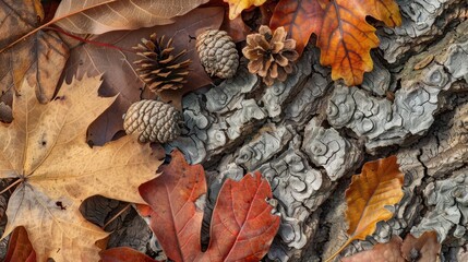 A detailed view of autumn leaves, pine cones, and acorns scattered on textured tree bark, capturing the essence of fall.