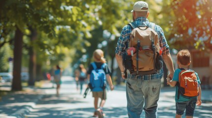 Obraz premium A father and son walk together, both carrying backpacks, down a tree-lined street on a sunny day, heading to school.