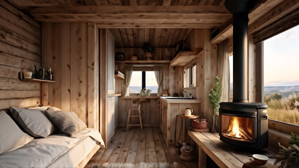 Obraz premium A lovely, rustic tiny cottage featuring a tiny wood-burning stove and handmade wooden decor