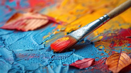 Obraz premium Close-up of a colorful abstract painting with a brush, showing vibrant colors and textures, representing artistic creativity.