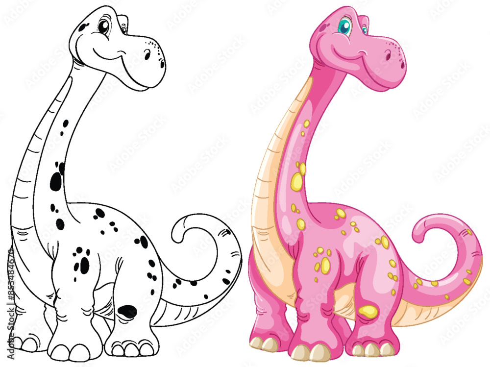 Poster Cute dinosaur in color and outline versions